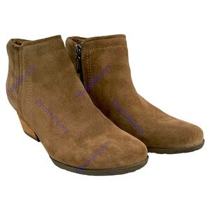 Blondo Suede Leather Bootie Women Tan Beige Inside Zip Stack Wood Heel 2…